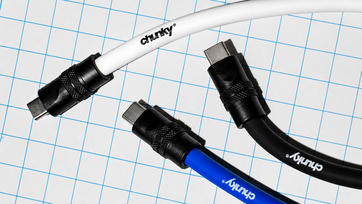Three USB-C to USB-C cables with black knurled connector sleeves are arranged on a white background with a blue grid pattern. One cable is blue, one is black, and one is white, all branded with 'chunky' in white text.